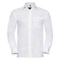 A long-sleeved, white dress shirt from the Russell Collection with a collar, button-down front, and chest pocket, known as product J936M.