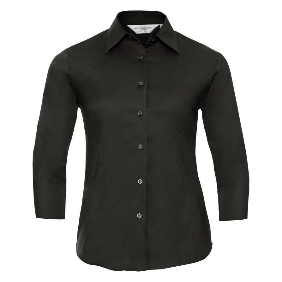 The Russell Collection J946F is a black long-sleeve button-up shirt featuring a collar and six visible buttons, shown against a white background.