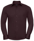 The Russell Collection J946M is a long-sleeved, dark brown shirt featuring button-up closure with a collar and cuffs.