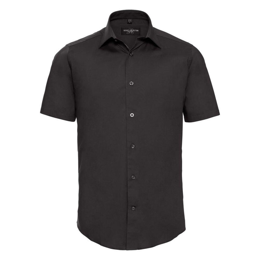 A J947M black short-sleeve button-up shirt from Russell Collection displayed against a white background.