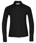 A black long-sleeve button-up shirt with a pointed collar from the Russell Collection, Product Name: J956F.