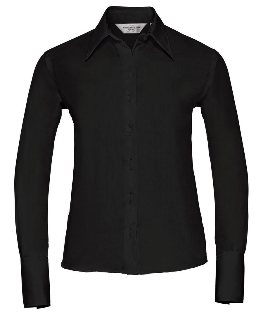 A black long-sleeve button-up shirt with a pointed collar from the Russell Collection, Product Name: J956F.