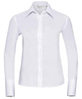 Russell Collection's J956F is a white, long-sleeved button-up shirt with a collar, showcased on a plain background.