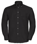 A black Russell Collection J956M button-up shirt featuring a collar and a chest pocket, displayed on a plain white background.