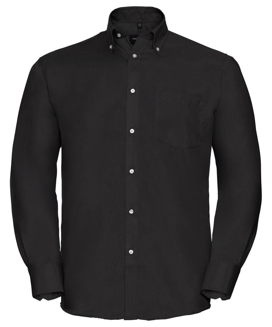 A black Russell Collection J956M button-up shirt featuring a collar and a chest pocket, displayed on a plain white background.