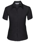Russell Collection's J957F, a short-sleeved black shirt with a collar, is shown against a plain white background.