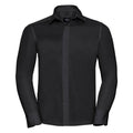 A Russell Collection J958M black long-sleeved button-up shirt with a pointed collar, showcased against a white background.