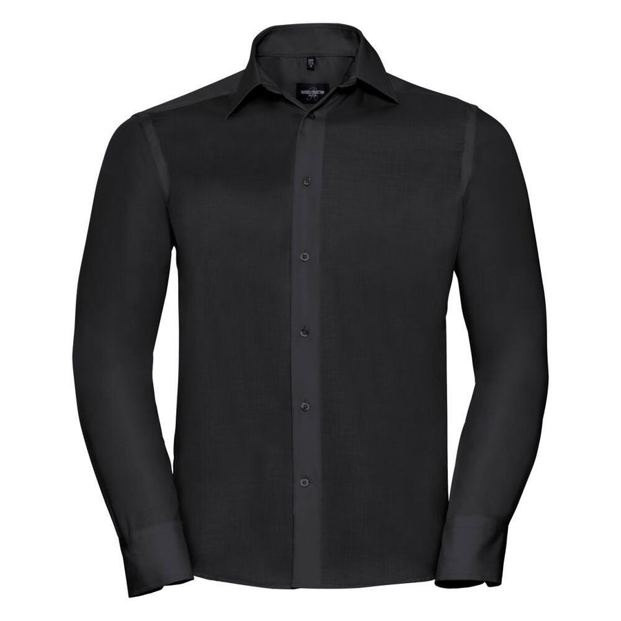 A Russell Collection J958M black long-sleeved button-up shirt with a pointed collar, showcased against a white background.