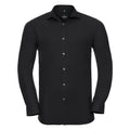Russell Collection's J960M, a black long-sleeve button-up shirt with a collar, is displayed against a white background.