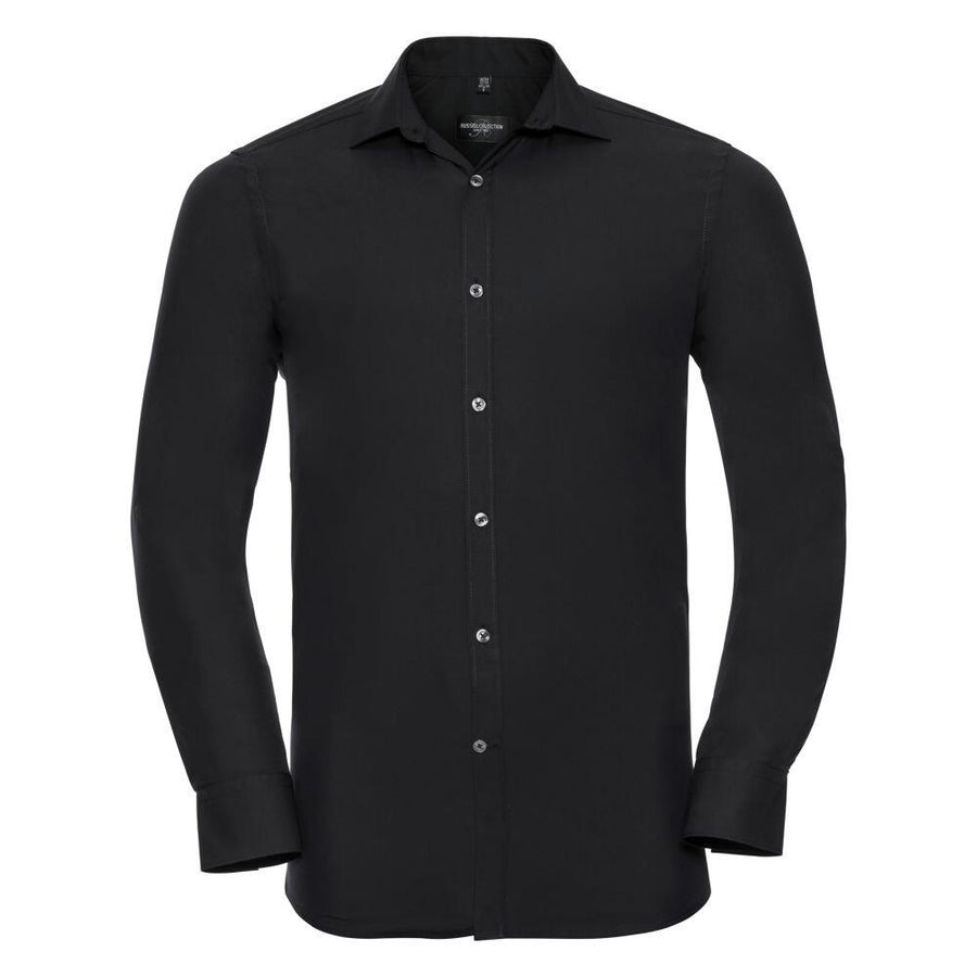 Russell Collection's J960M, a black long-sleeve button-up shirt with a collar, is displayed against a white background.