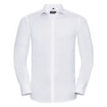 J960M by Russell Collection is a long-sleeved white dress shirt featuring a button-up front and a pointed collar.