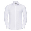 J962M by Russell Collection: A white, long-sleeved dress shirt featuring a collar and button-down front, displayed against a plain background.