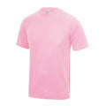 A plain pink T-shirt from AWDis Just Cool, model JC001, is displayed against a white background. The shirt features short sleeves and a crew neckline, without any patterns or logos visible.