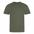 A plain, olive green T-shirt by AWDis Just Cool, labeled as product JC001, displayed on a white background. This T-shirt features short sleeves and a round neckline.