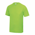 The JC001, a vivid green short-sleeve T-shirt by AWDis Just Cool, is showcased against a plain white background. The shirt features a minimalist design with a crew neck and no visible logos or embellishments.
