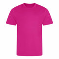 A plain, vibrant pink T-shirt from the AWDis Just Cool collection, product name JC001, is displayed against a white background. The shirt features short sleeves and a round neckline.