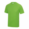 A JC001 T-shirt from AWDis Just Cool, featuring a vivid green hue and a classic round neck design, set against a white background.