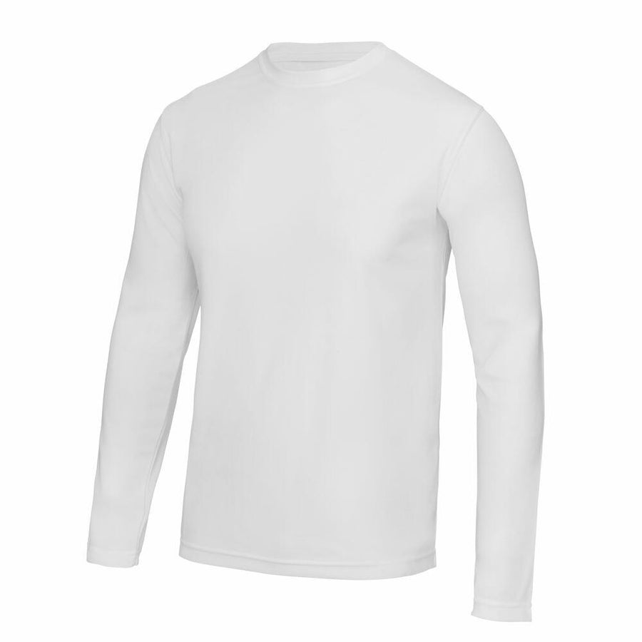 White long-sleeve JC002 crew neck shirt from AWDis Just Cool against a plain background.