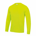 The JC002 long-sleeve shirt by AWDis Just Cool is showcased against a plain white background. It boasts a vibrant yellow-green color and a minimalist design with no visible logos or patterns, featuring a crew neck and a casual fit.