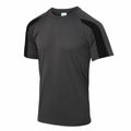 The AWDis Just Cool JC003 is a short-sleeve athletic t-shirt in gray and black, featuring a crew neck and stylish black accents on the sleeves and shoulders.