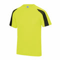 The JC003 by AWDis Just Cool is a vibrant yellow athletic shirt featuring short sleeves and stylish black panels on the shoulders and sleeves. It includes a classic round neckline and is crafted from lightweight, breathable fabric.