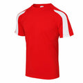 The JC003 T-shirt from AWDis Just Cool features a bold red color with short sleeves and distinctive white shoulder accents on both sides, elegantly showcased against a white background.