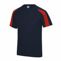 Introducing the JC003 by AWDis Just Cool: a navy blue athletic shirt featuring short sleeves and red accents on the shoulders and sleeves. This stylish shirt boasts a simple crew neckline and a sporty design.
