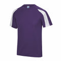 The JC003 by AWDis Just Cool is a purple athletic shirt featuring short sleeves and white panels on the shoulders and sleeves, showcased against a plain white background.