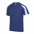 Introducing the JC003 by AWDis Just Cool: a blue short-sleeved T-shirt with distinctive white panels on the shoulders and sleeves, complete with a round neckline for a clean, sporty look.