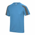 The JC003 from AWDis Just Cool is a blue short-sleeve athletic shirt with dark gray shoulder panels, featuring a round neckline and smooth fabric for a comfortable fit, perfect for casual or sports activities.
