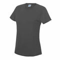 The AWDis Just Cool JC005 T-shirt is shown against a white background. It features a classic crew neck design with plain dark gray short sleeves, highlighting its simple and casual style.