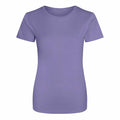 The JC005 from AWDis Just Cool is a plain purple T-shirt featuring short sleeves and a crew neck, showcased against a white background. The fabric seems smooth and lightweight, perfect for casual wear.