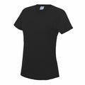 The JC005, a plain black T-shirt by AWDis Just Cool, is showcased against a white background. This short-sleeved shirt features a round neckline and seems to be made from a soft, smooth material.