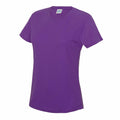 A JC005 t-shirt from AWDis Just Cool, featuring a plain purple color with short sleeves, is displayed against a white background. The shirt boasts a round neckline and a straight hem.