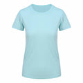 A product shot features the JC005, an AWDis Just Cool T-shirt in a plain light blue hue set against a white background. This shirt highlights short sleeves and a round neckline, embodying a simple and classic design.