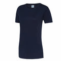 A classic unisex T-shirt in dark blue, identified by product code JC005 and crafted by AWDis Just Cool, photographed against a white background.