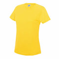 The JC005 by AWDis Just Cool is a plain yellow T-shirt with short sleeves, showcased against a white background. Its fabric is smooth, featuring a simple design and a crew neckline.