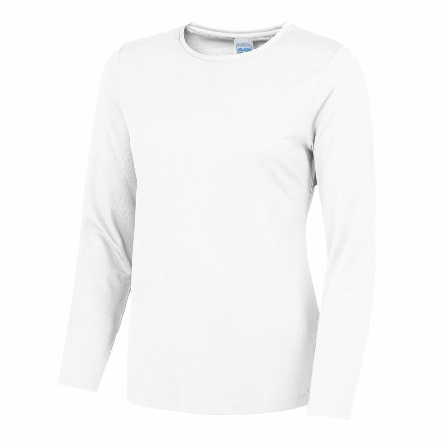 The JC012 by AWDis Just Cool, a plain white long-sleeve shirt, is displayed against a white background.