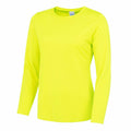 A vibrant neon yellow JC012 long-sleeve shirt from AWDis Just Cool displayed on a plain white background.