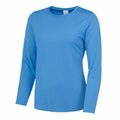 A plain, long-sleeve blue shirt from AWDis Just Cool (Product Name: JC012) displayed against a white background. The shirt features a simple round neckline and appears to be made of soft fabric.