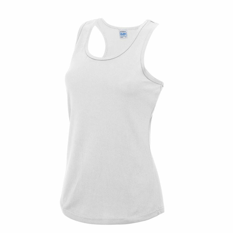 JC015 by AWDis Just Cool, a white sleeveless tank top, displayed on a plain white background.