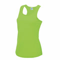JC015 by AWDis Just Cool is a vibrant green sleeveless athletic tank top featuring a racerback design, showcased against a plain white background.