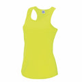 The JC015 from AWDis Just Cool is a bright yellow athletic tank top with a racerback design, crafted from lightweight fabric, displayed on a white background.