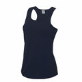 The AWDis Just Cool JC015 is displayed against a white backdrop, showcasing its plain navy blue color and racerback design. The sleeveless tank top features no visible patterns or logos.