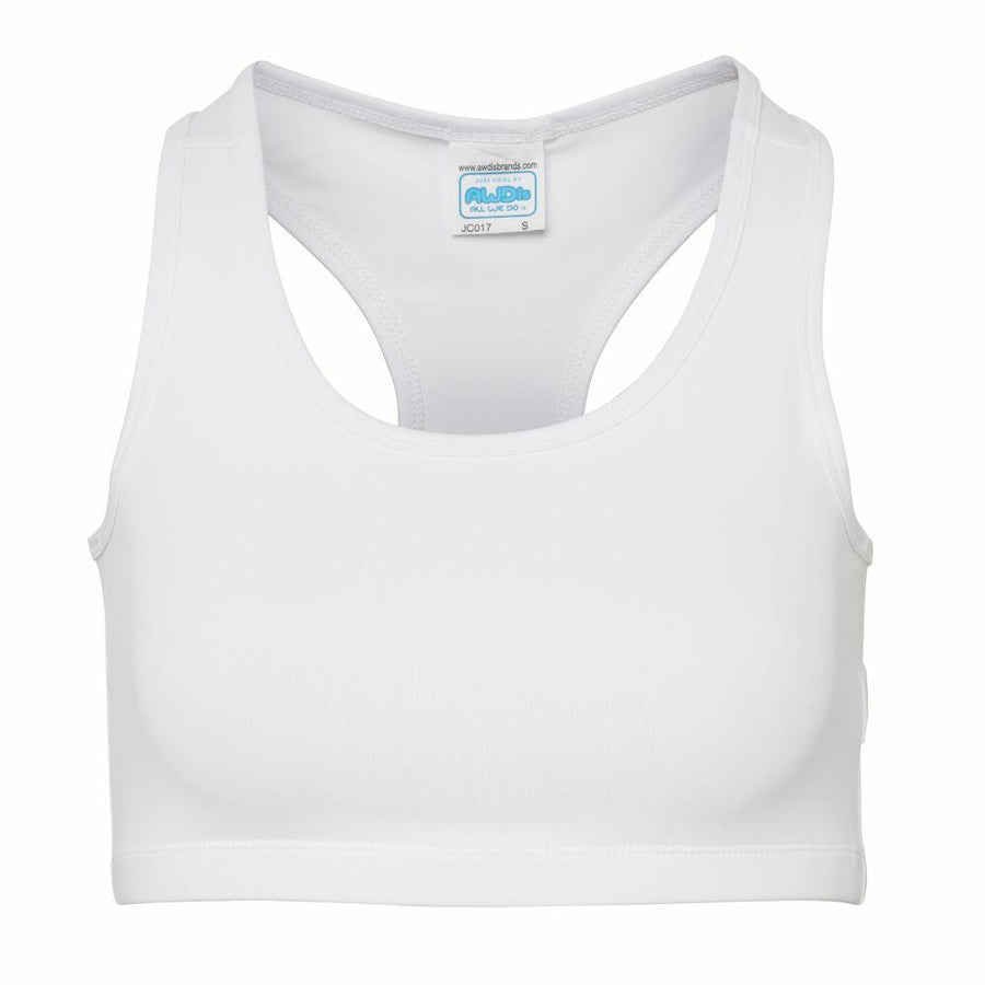 AWDis Just Cool JC017 features a front view of a white sports bra with a racerback design.