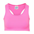 AWDis Just Cool's JC017 sports bra features a vibrant bright pink color with a racerback design and includes a small inner label.