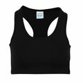 The AWDis Just Cool JC017, a black sports bra featuring a racerback design, is showcased on a white background.