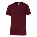 A JC01J T-shirt by AWDis Just Cool, featuring a plain maroon color and short sleeves, is displayed against a white background.