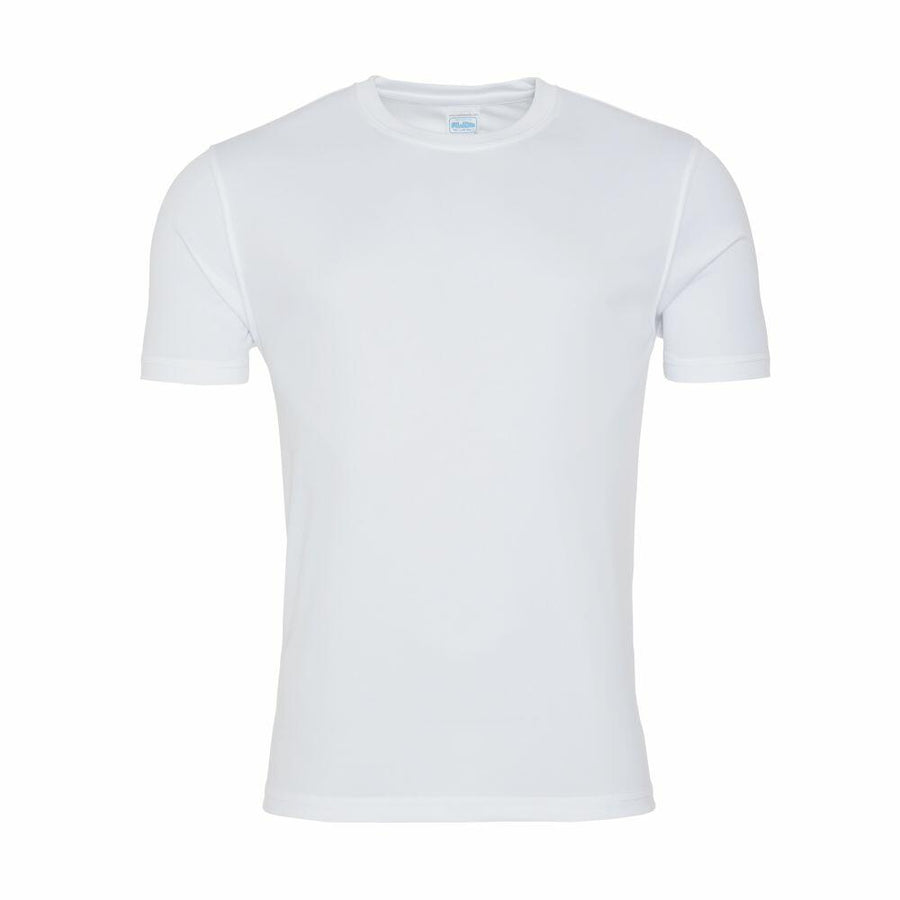 A plain white short-sleeve T-shirt with a round neck from the brand AWDis Just Cool, model JC020, is displayed against a white background.