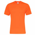 A JC020 short-sleeve t-shirt from AWDis Just Cool in a vibrant orange color is showcased against a white background. The t-shirt features a simple, classic design with a round neckline.